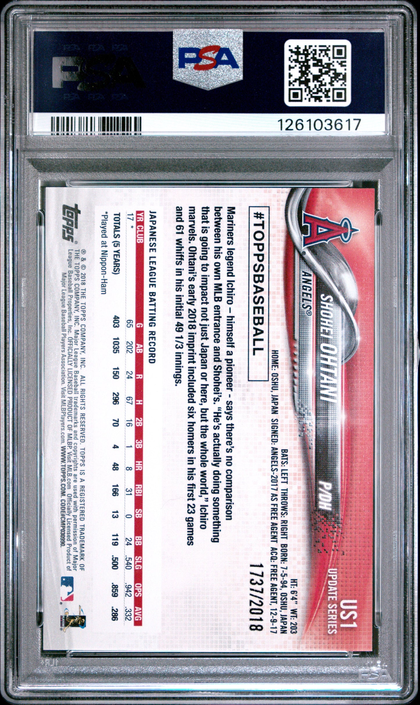 2018 Topps Update #US1 Shohei Ohtani Gold PSA 9 126103617