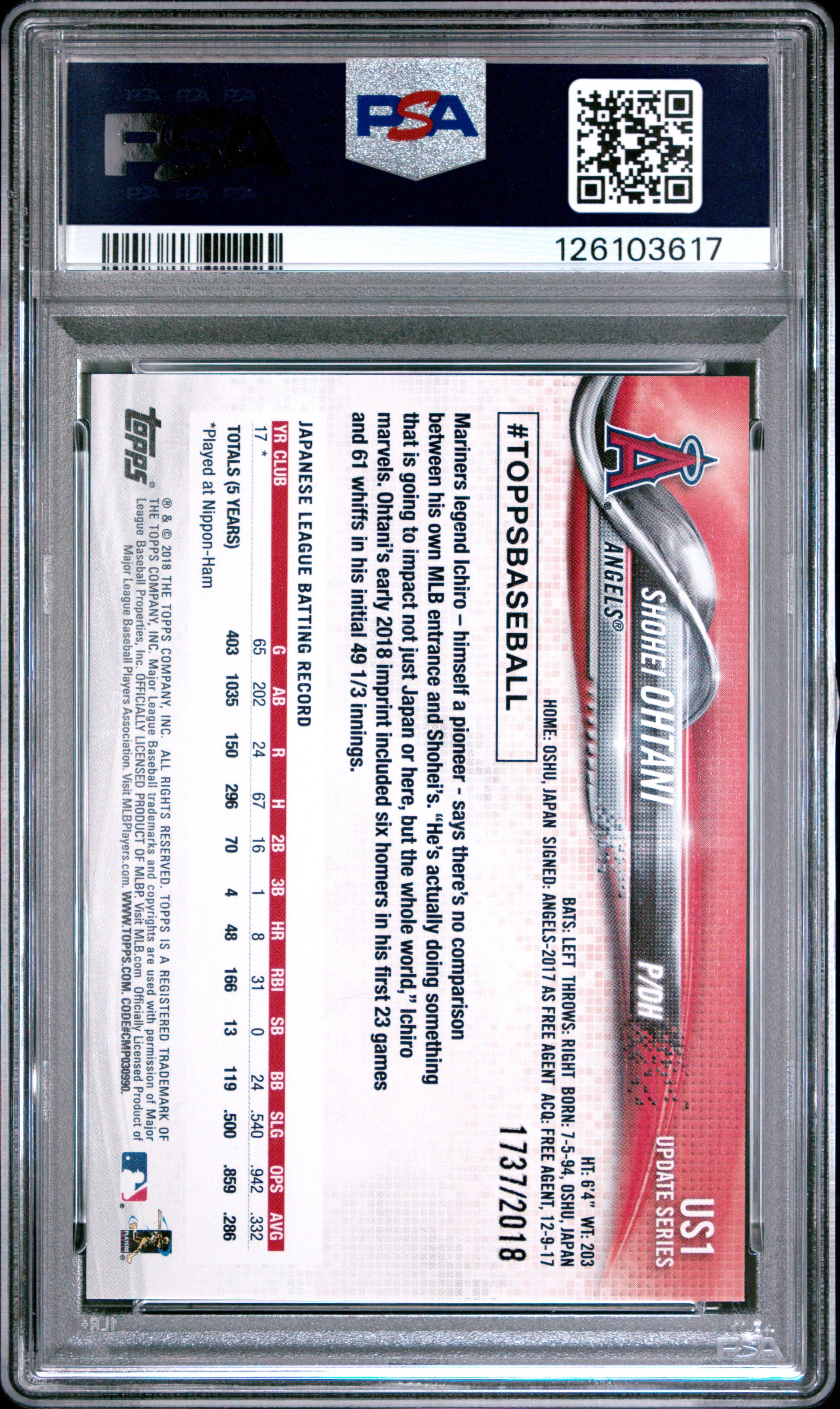 2018 Topps Update #US1 Shohei Ohtani Gold PSA 9 126103617