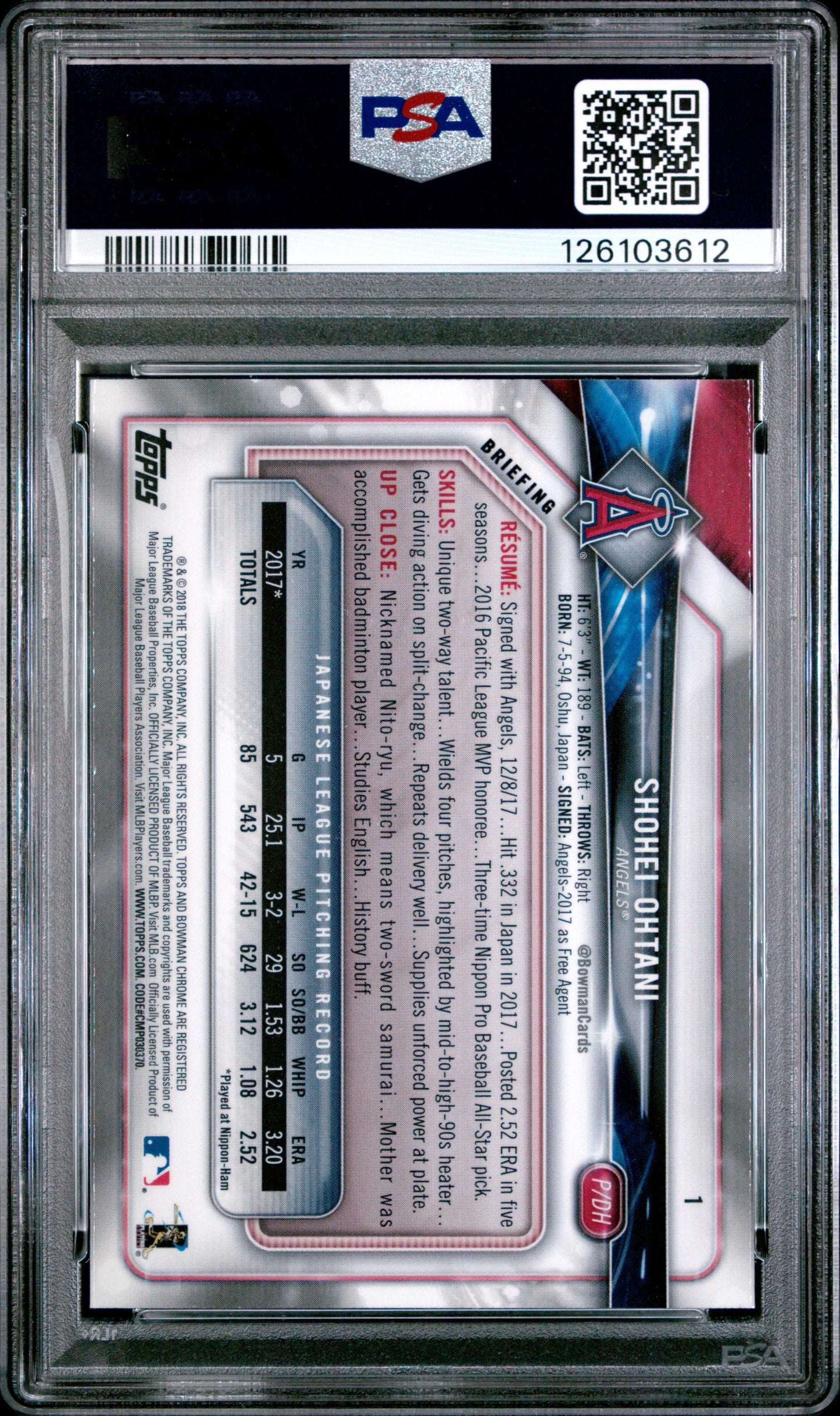 2018 Bowman Chrome #1 Shohei Ohtani PSA 9 126103612