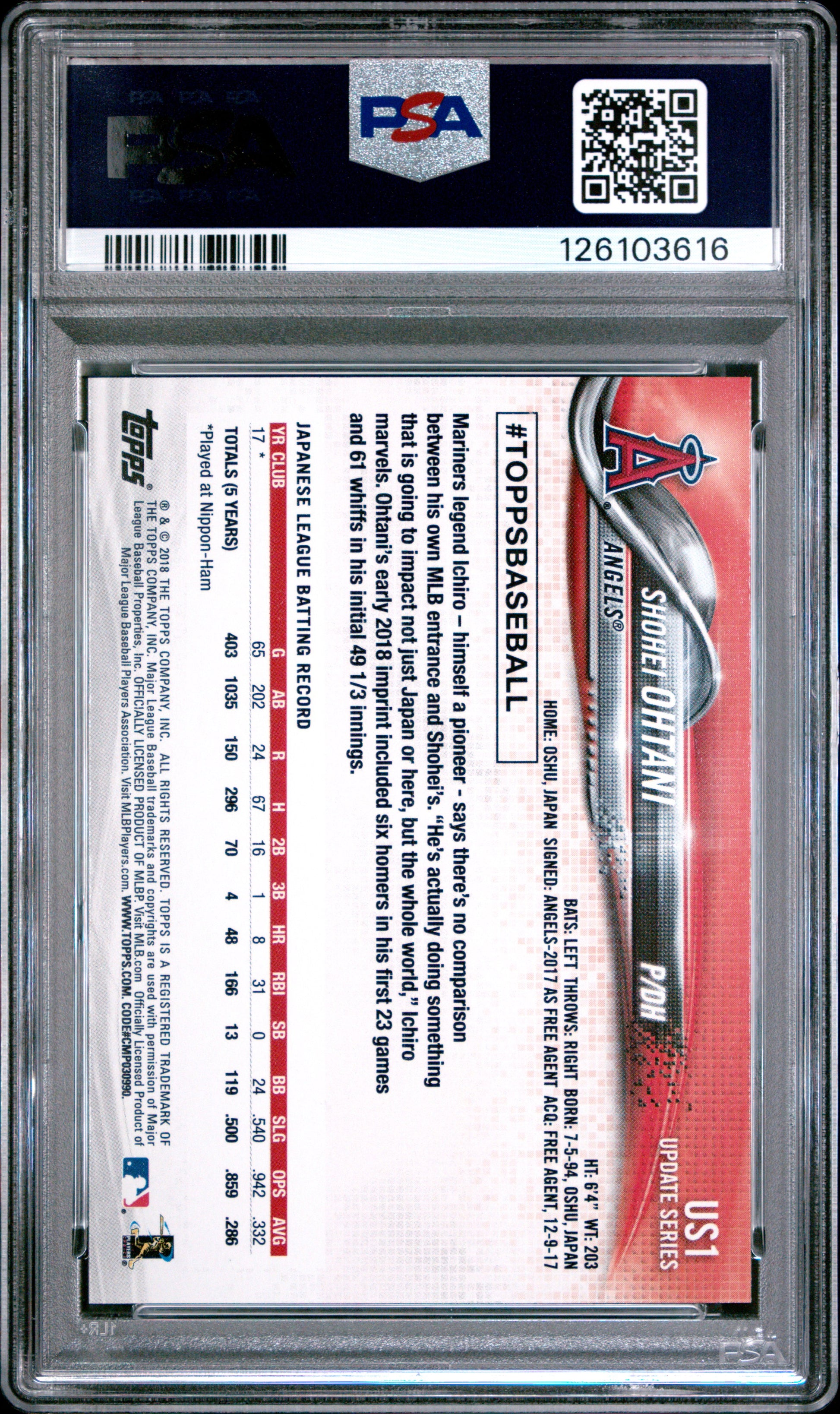 2018 Topps Update #US1 Shohei Ohtani PSA 10 126103616