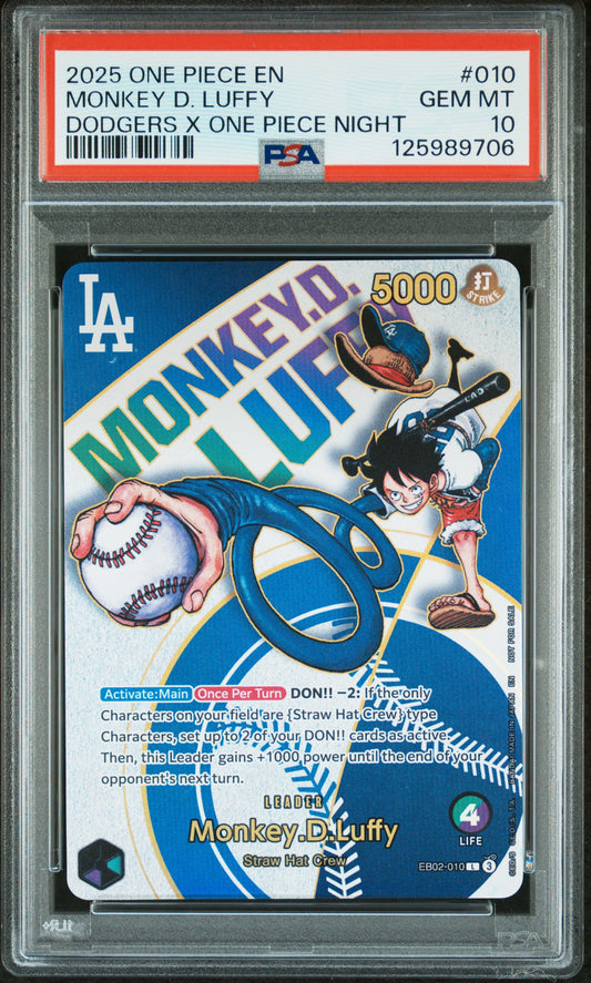 2025 One Piece Promos #010 Monkey D. Luffy Dodgers X One Piece Night PSA 10