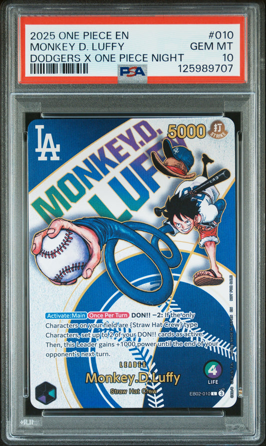 2025 One Piece Promos #010 Monkey D. Luffy Dodgers X One Piece Night PSA 10