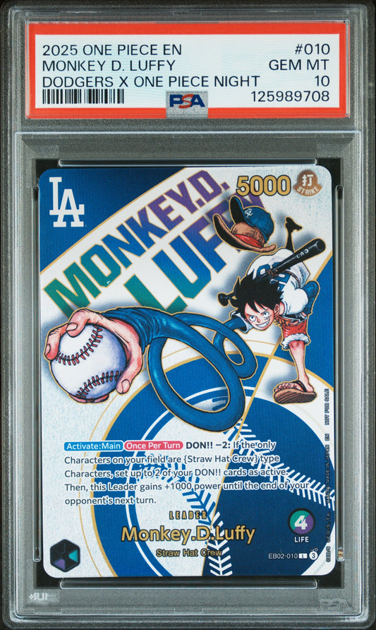 2025 One Piece Promos #010 Monkey D. Luffy Dodgers X One Piece Night PSA 10