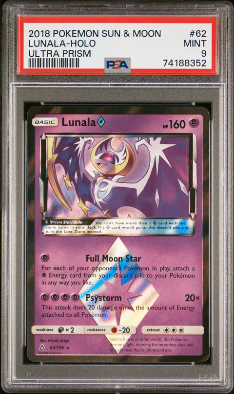 2018 Pokemon Sun & Moon Ultra Prism Lunala-Holo #62 PSA 9