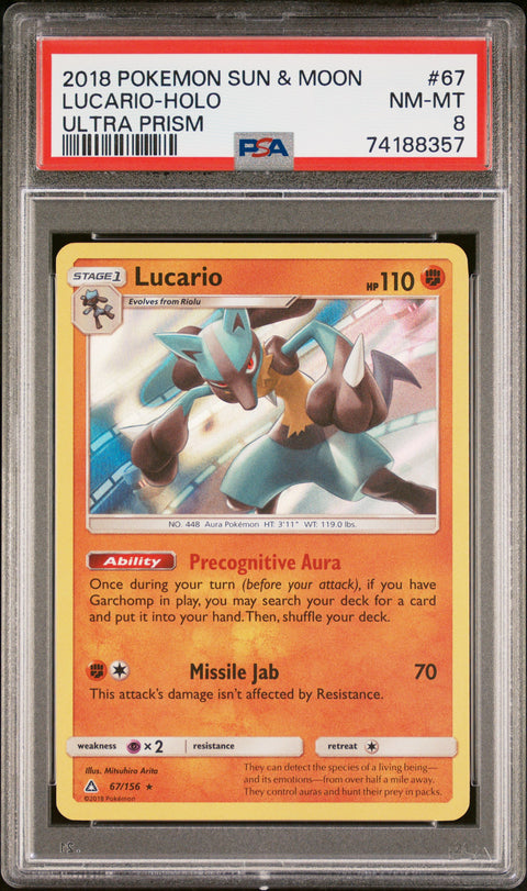 2018 Pokemon Sun & Moon Ultra Prism Lucario-Holo #67 PSA 8