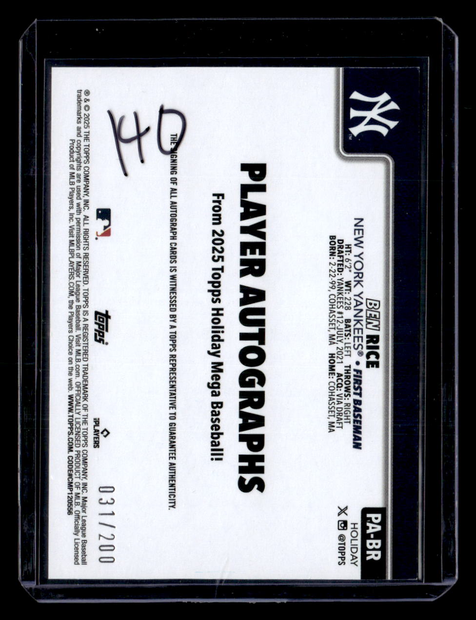 2025 Topps Holiday #PA-BR Ben Rice Player Autographs #/200