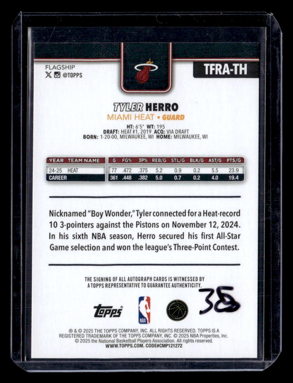 2025-26 Topps #TFRA-TH Tyler Herro Flagship Real One Autographs