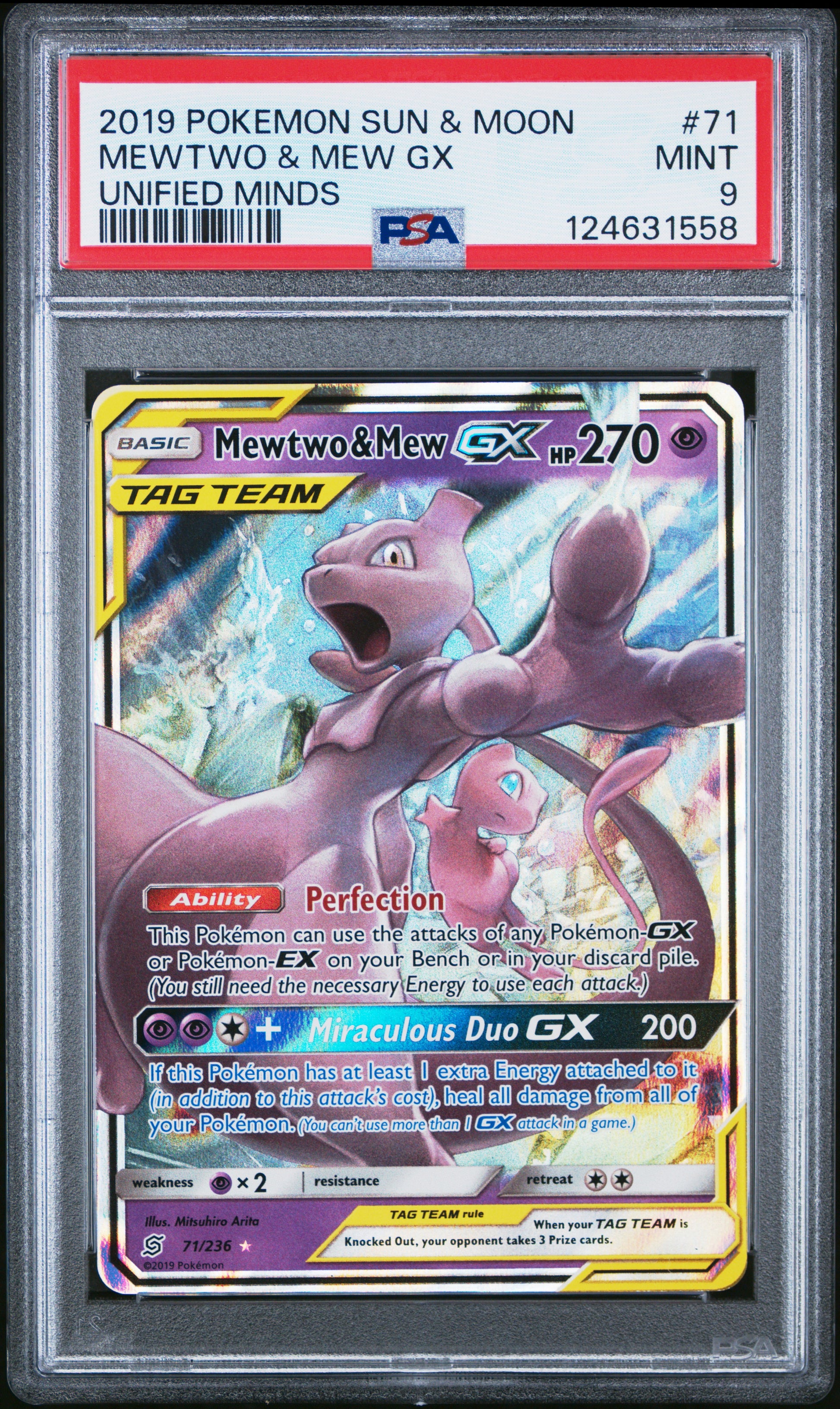 2019 Pokemon Sun & Moon Unified Minds Mewtwo & Mew Gx #71 PSA 9