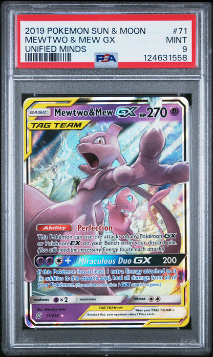 2019 Pokemon Sun & Moon Unified Minds Mewtwo & Mew Gx #71 PSA 9