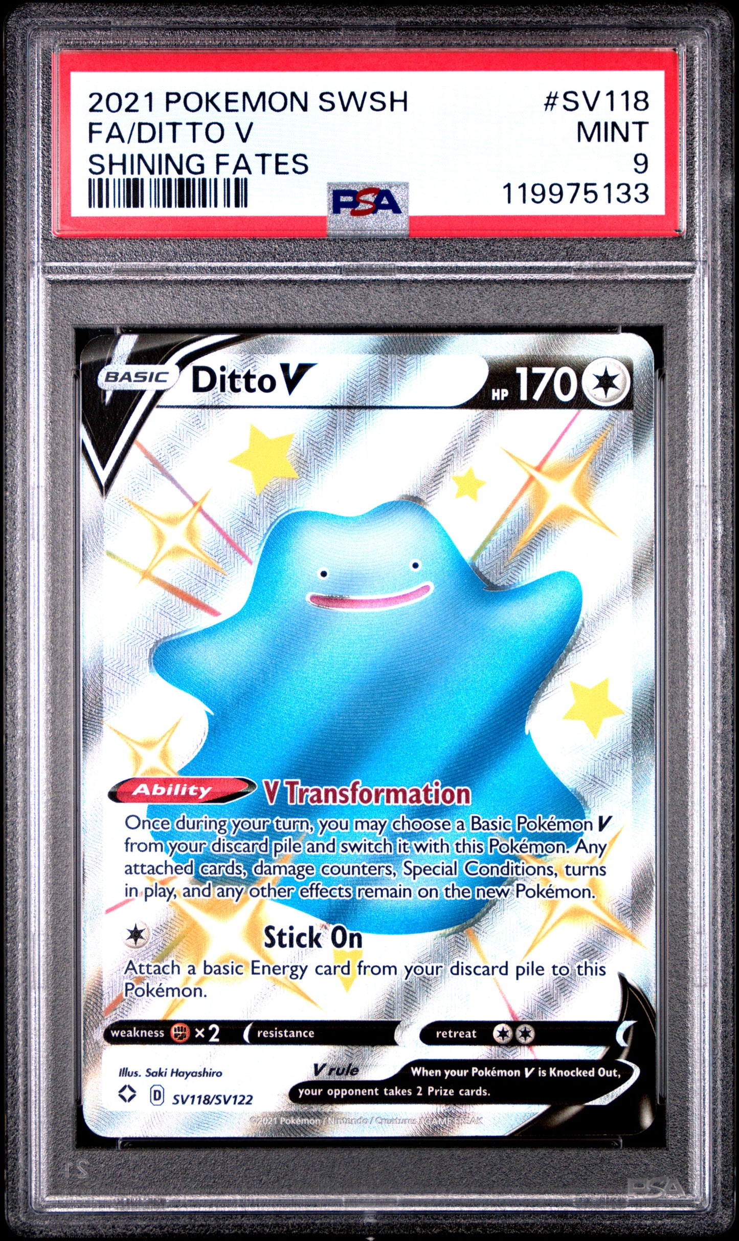 2021 Pokemon Sword & Shield Shining Fates Fa/Ditto V #SV118 PSA 9