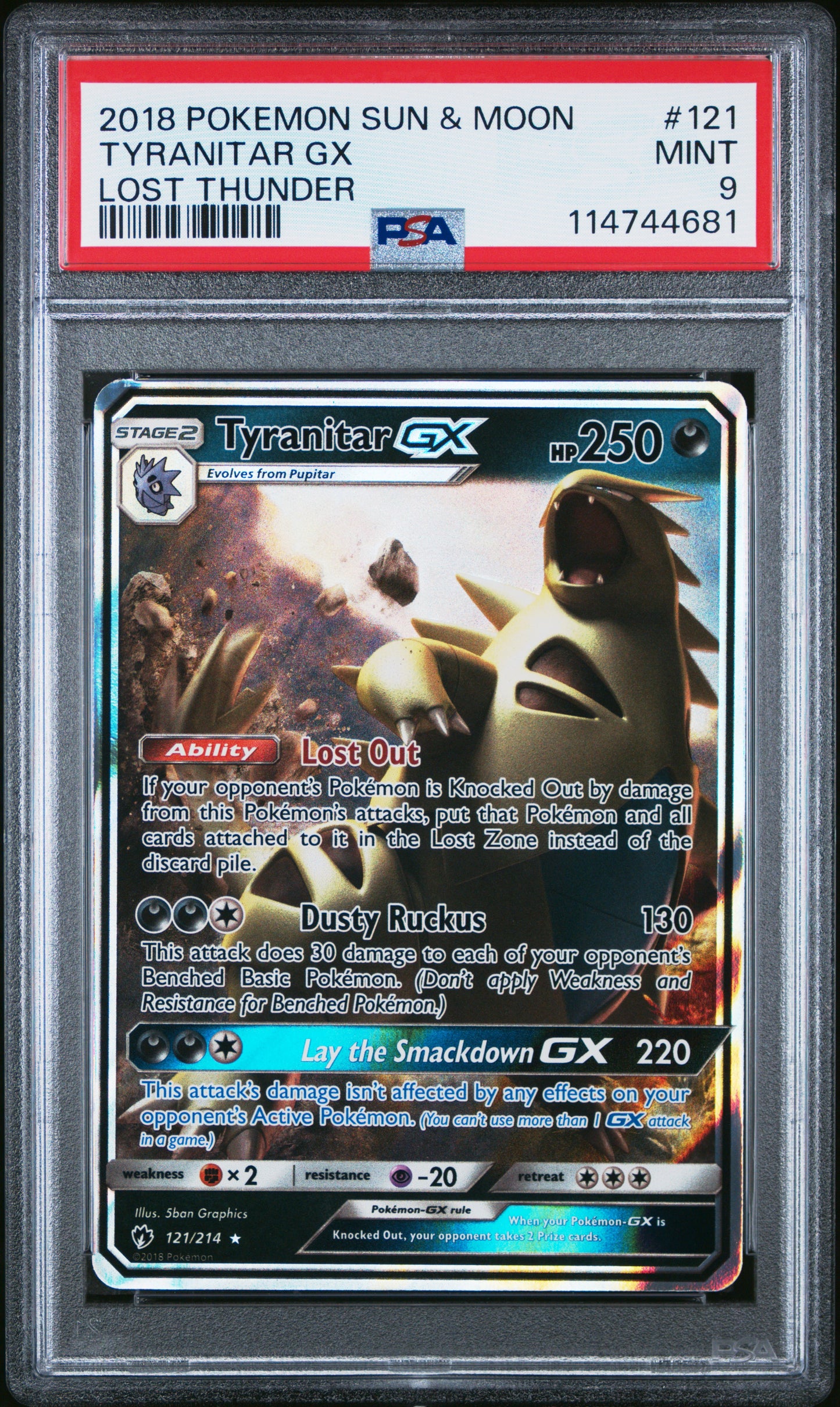 2018 Pokemon Sun & Moon Lost Thunder Tyranitar Gx #121 PSA 9