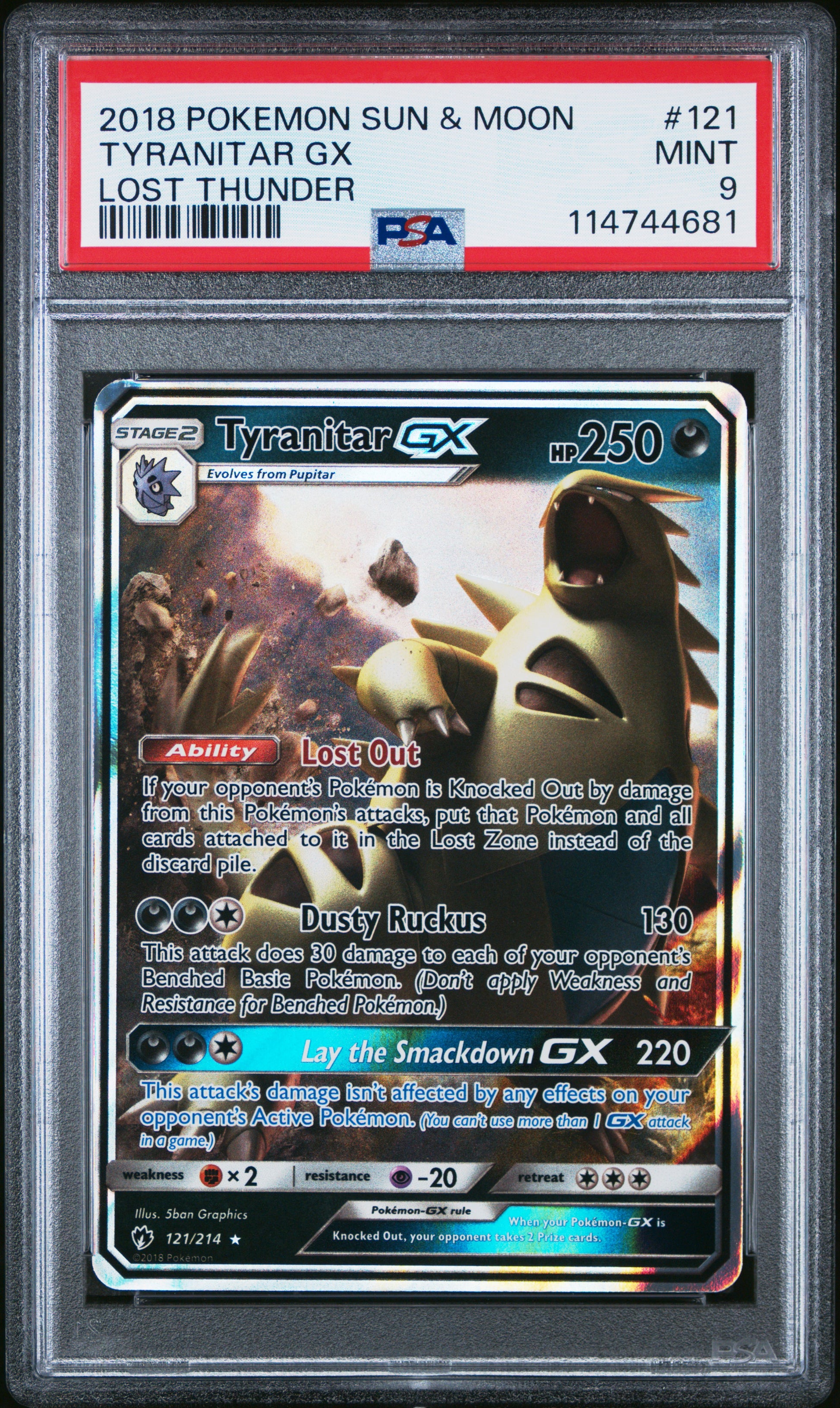 2018 Pokemon Sun & Moon Lost Thunder Tyranitar Gx #121 PSA 9