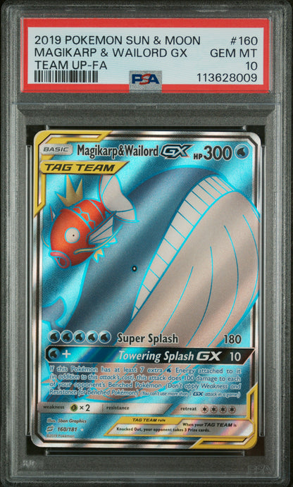 2019 Pokemon Sun & Moon Team Up Magikarp & Wailord Gx #160 PSA 10