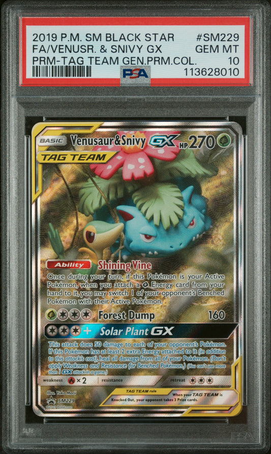 2019 Pokemon Sm Black Star Promo Fa/Venusr. & Snivy Gx #SM229 PSA 10