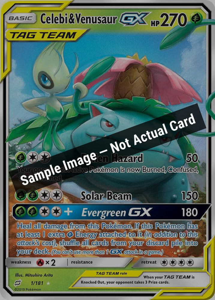 Pokemon,SM - Team Up,Celebi & Venusaur GX - 1/181,Holofoil,Near Mint — Sample Image, Not Actual Card