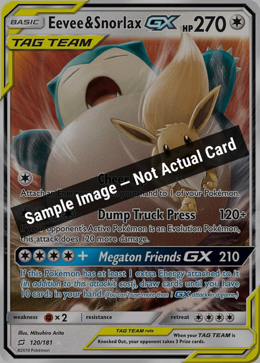Pokemon,SM - Team Up,Eevee & Snorlax GX - 120/181,Holofoil,Lightly Played — Sample Image, Not Actual Card