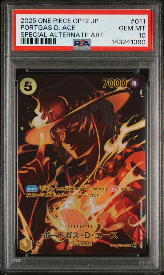 2025 ONE PIECE JAPANESE OP12-LEGACY OF THE MASTER PORTGAS D. ACE #011 SPECIAL ALTERNATE ART PSA 10