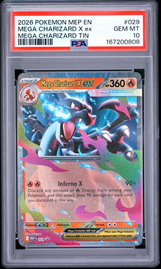 2026 POKEMON MEP EN-ME BLACK STAR PROMO MEGA CHARIZARD X ex #029 MEGA CHARIZARD TIN PSA 10