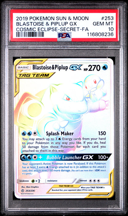2019 POKEMON SUN & MOON COSMIC ECLIPSE BLASTOISE & PIPLUP GX #253 PSA 10 - Image 2