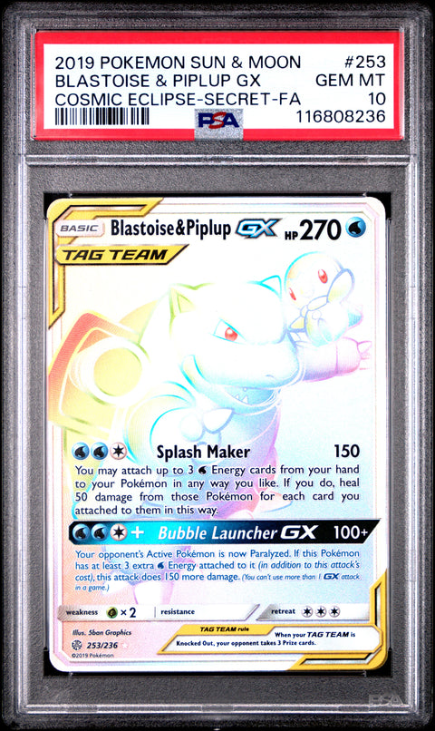 2019 POKEMON SUN & MOON COSMIC ECLIPSE BLASTOISE & PIPLUP GX #253 PSA 10 - Image 2