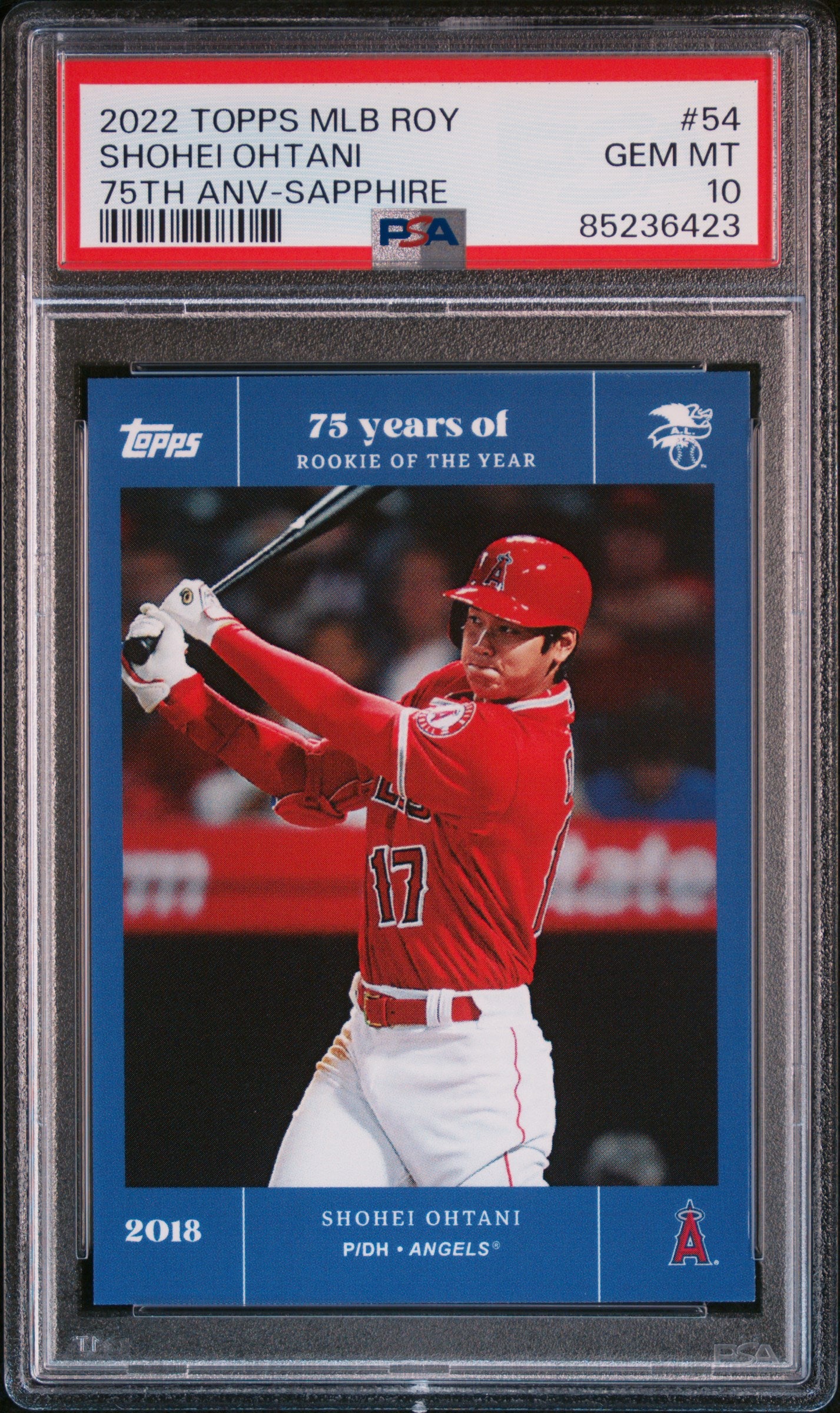 2022 TOPPS MLB ROOKIE OF THE YEAR 75TH ANNIVERSARY SHOHEI OHTANI #54 75TH ANV-SAPPHIRE PSA 10