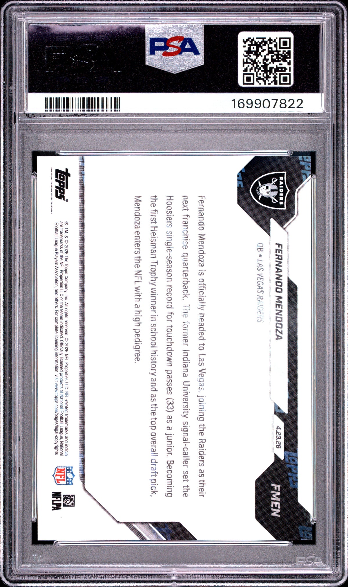 2026 TOPPS NOW FERNANDO MENDOZA #FMEN PSA 10