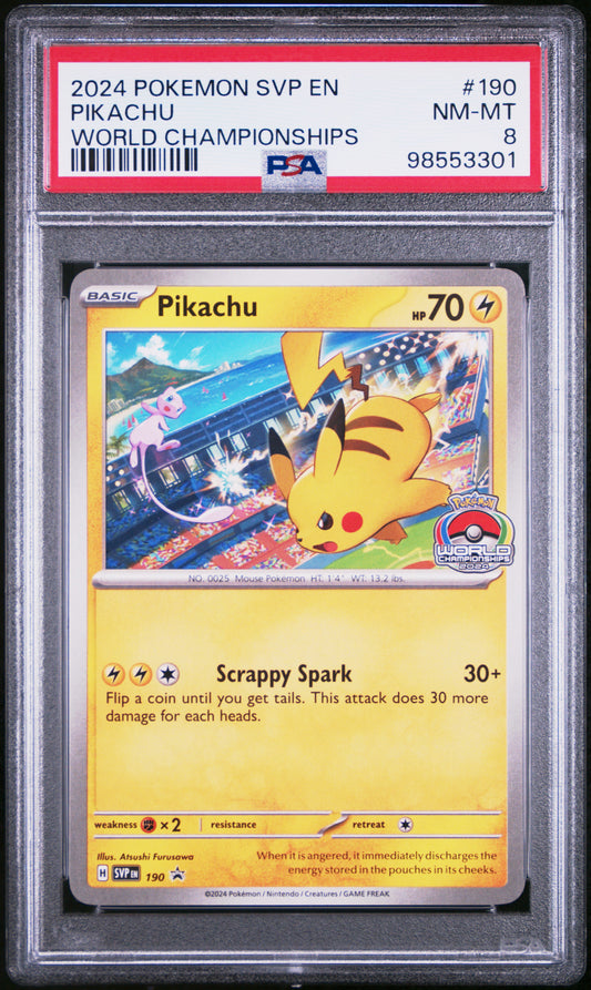 2024 POKEMON SVP EN-SV BLACK STAR PROMO PIKACHU #190 WORLD CHAMPIONSHIPS PSA 8