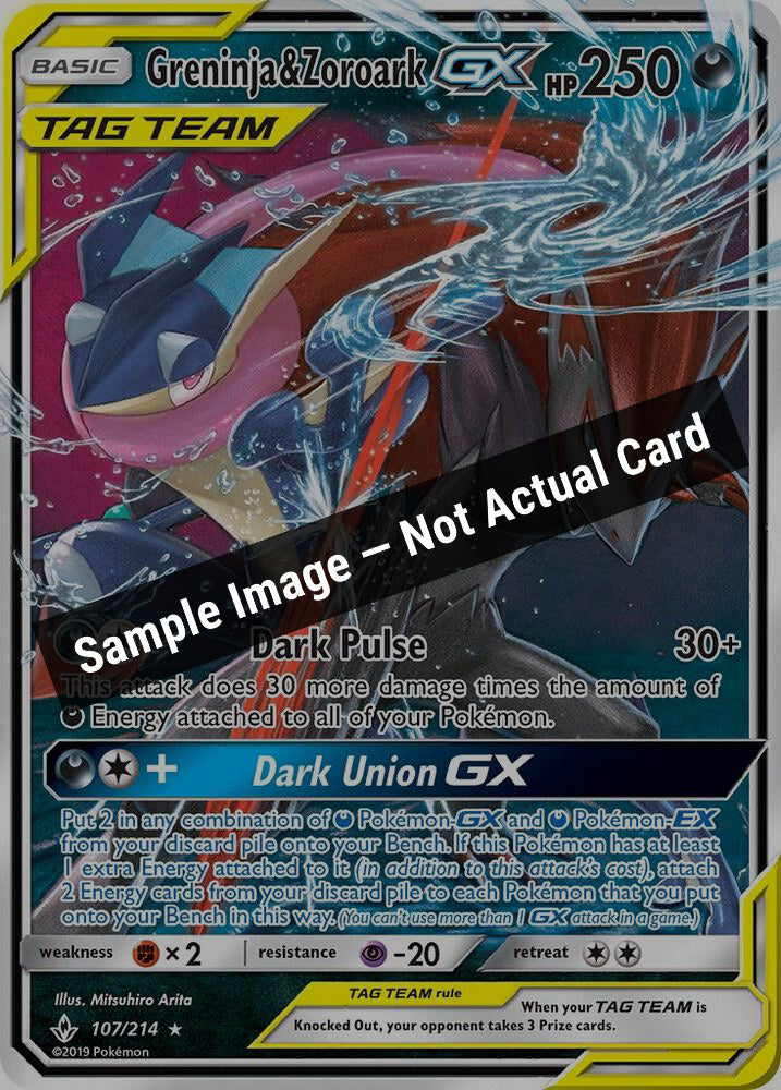 Pokemon,SM - Unbroken Bonds,Greninja & Zoroark GX - 107/214,Holofoil,Lightly Played — Sample Image, Not Actual Card