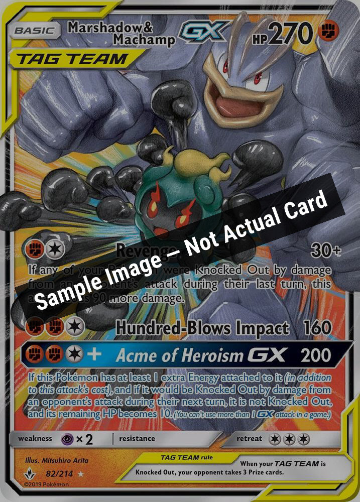 Pokemon,SM - Unbroken Bonds,Marshadow & Machamp GX - 82/214,Holofoil,Near Mint — Sample Image, Not Actual Card