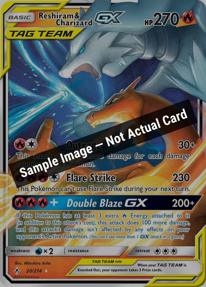 Pokemon,SM - Unbroken Bonds,Reshiram & Charizard GX - 20/214,Holofoil,Near Mint — Sample Image, Not Actual Card