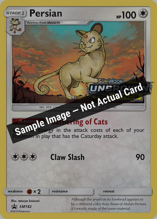 Pokemon,SM Promos,Persian - SM182 (Prerelease),Holofoil,Near Mint — Sample Image, Not Actual Card