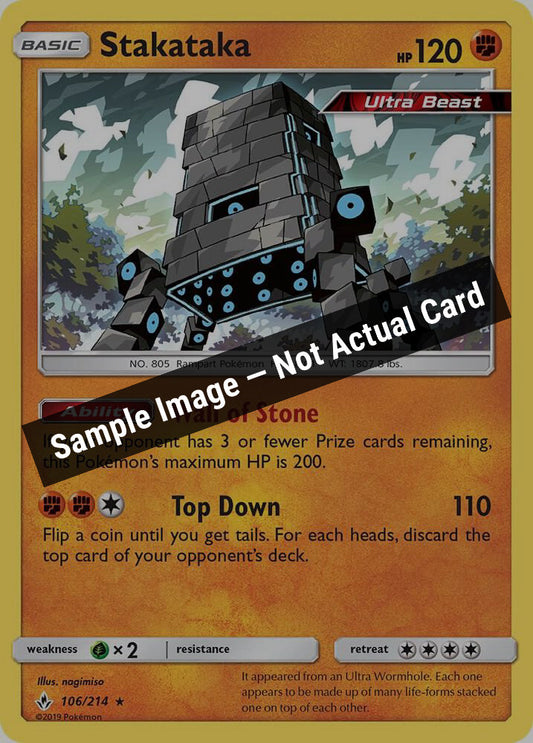Pokemon,SM - Unbroken Bonds,Stakataka - 106/214,Holofoil,Near Mint — Sample Image, Not Actual Card
