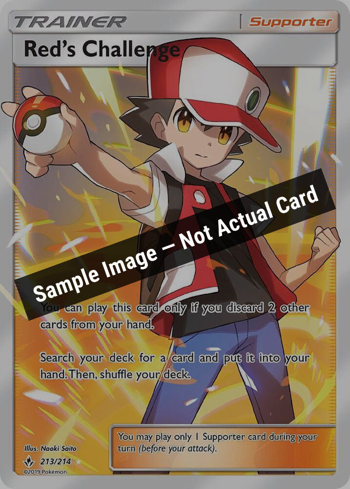 Pokemon,SM - Unbroken Bonds,Red's Challenge (Full Art) - 213/214,Holofoil,Near Mint — Sample Image, Not Actual Card