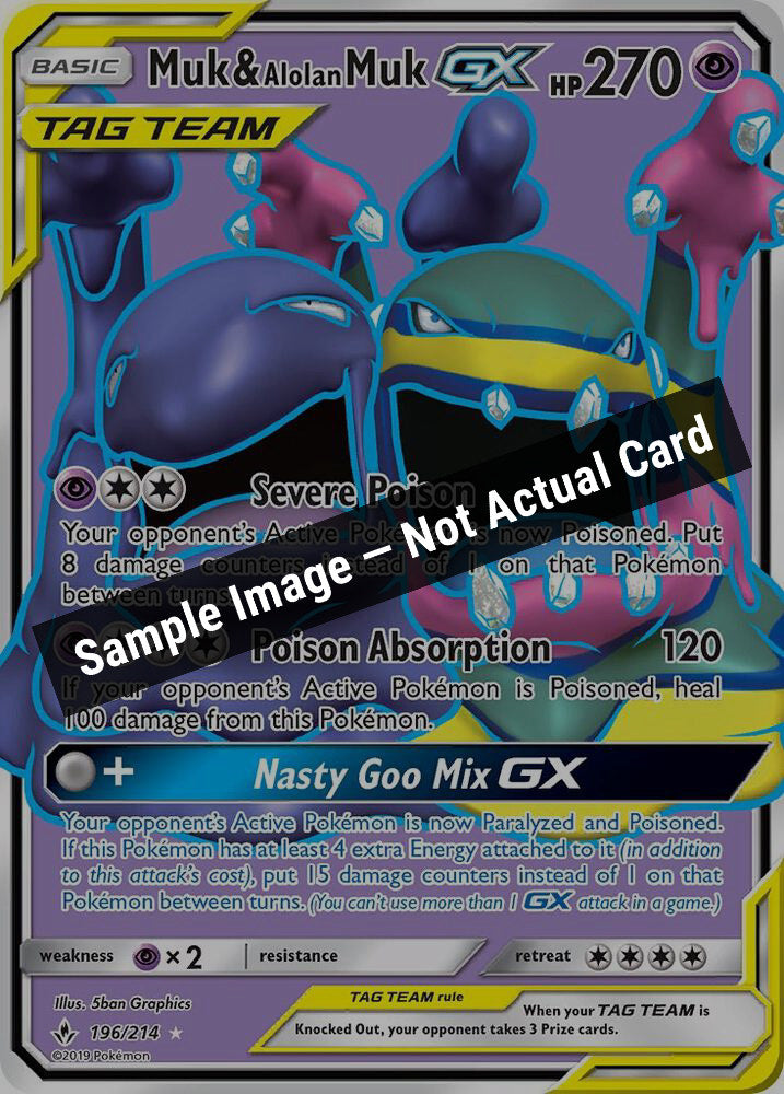 Pokemon,SM - Unbroken Bonds,Muk & Alolan Muk GX (196) (Full Art) - 196/214,Holofoil,Near Mint — Sample Image, Not Actual Card