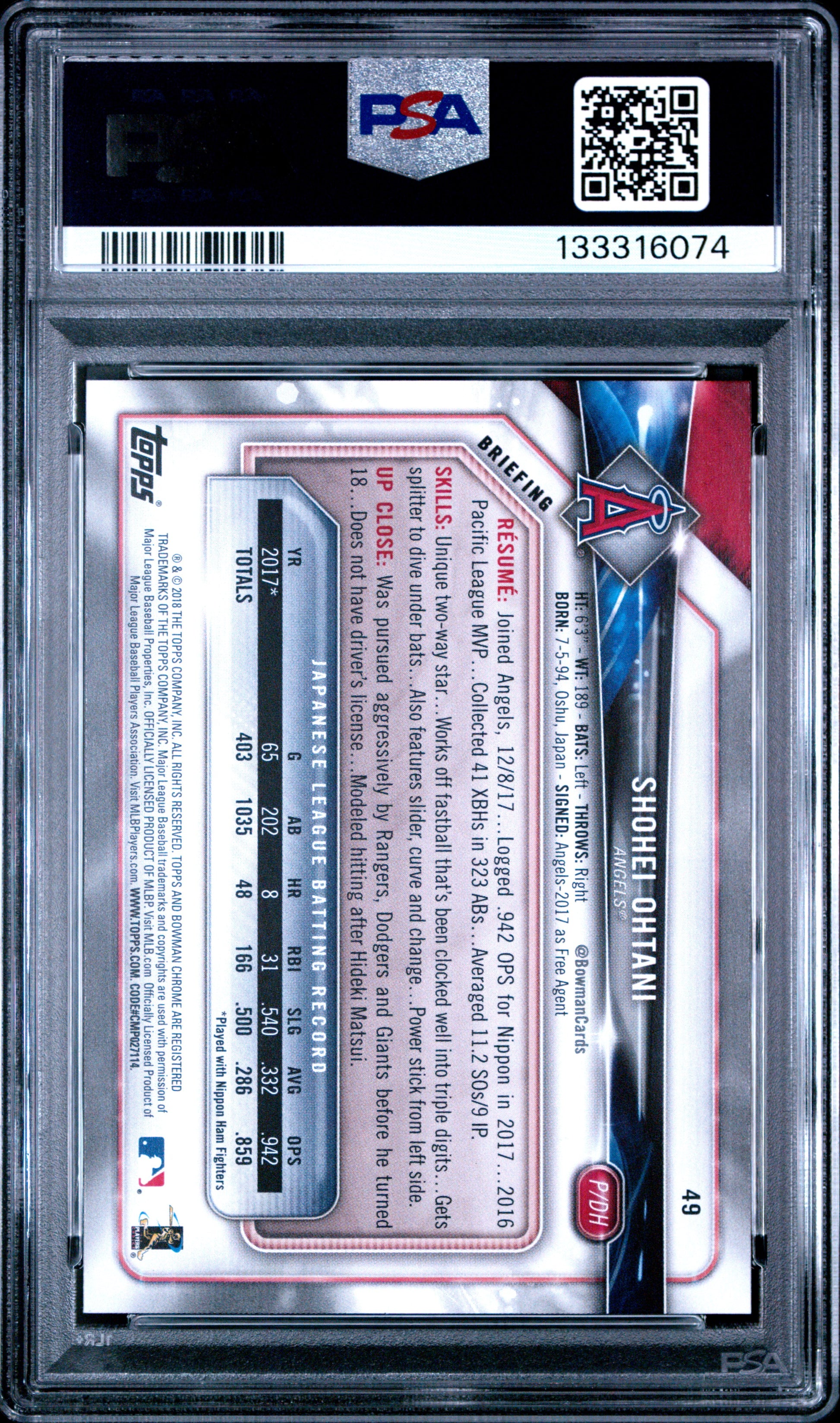 2018 Bowman #49 Shohei Ohtani PSA 10 133316074