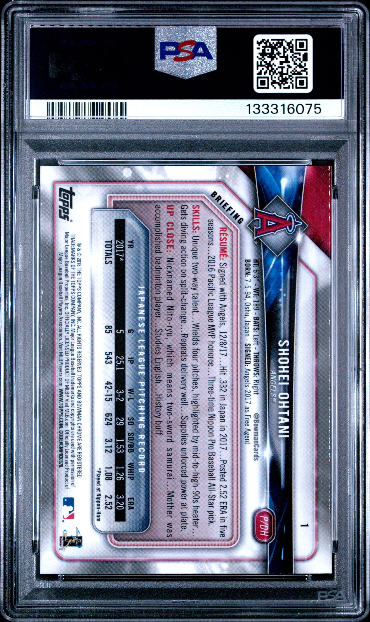 2018 Bowman Chrome #1 Shohei Ohtani PSA 10 133316075