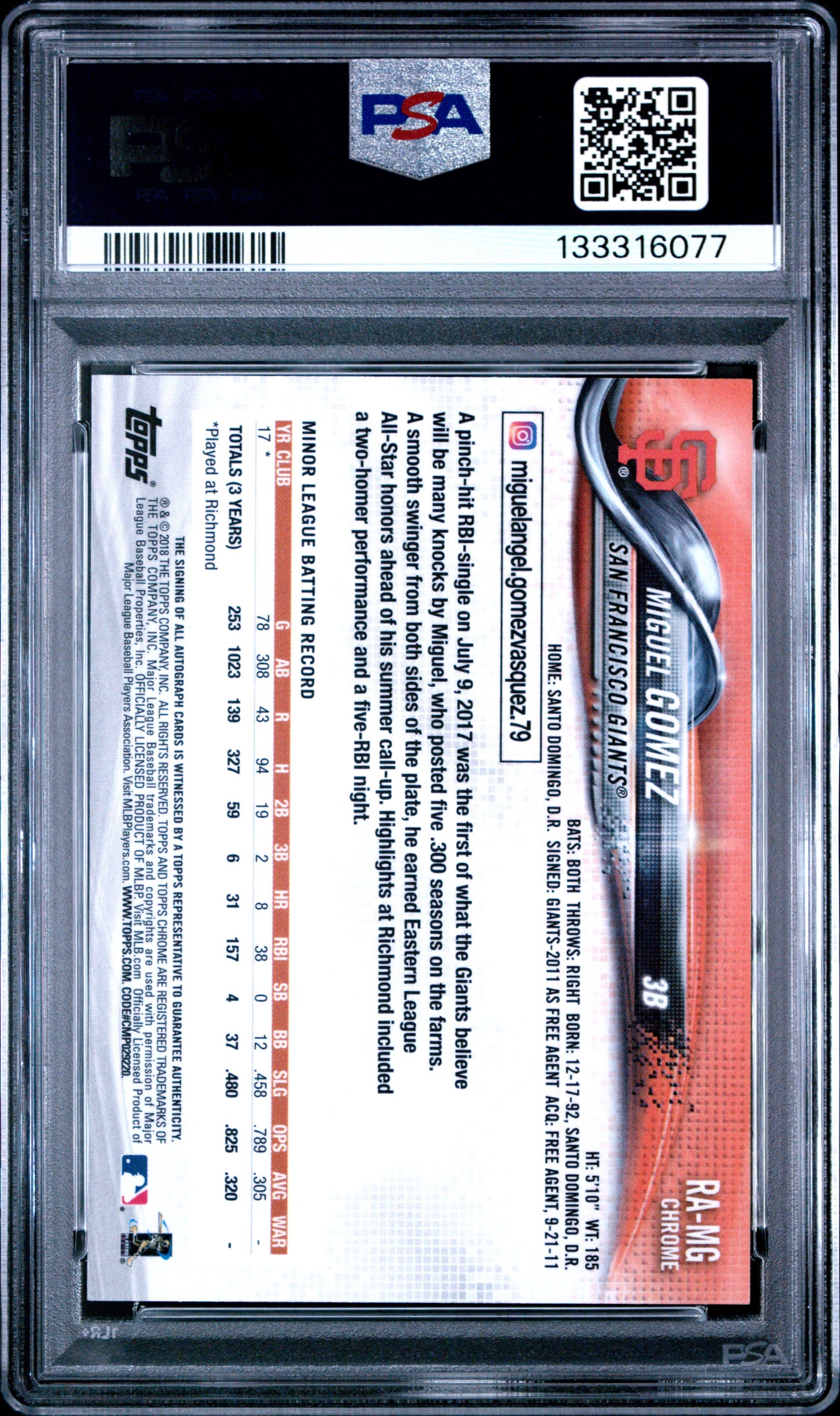 2018 Topps Chrome #RA-MG Miguel Gomez Rookie Auto PSA 10 133316077