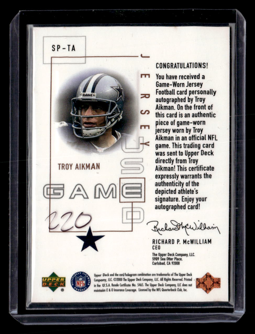 2000 Upper Deck Pros & Prospects #SP-TA Troy Aikman Signature Piece 1