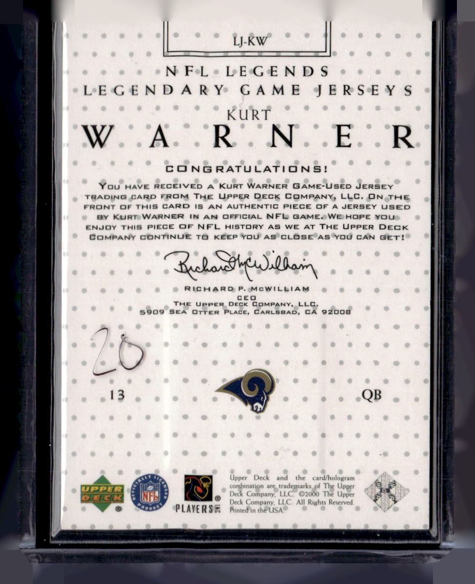 2000 Upper Deck Legends #LJ-KW Kurt Warner Legendary Game Jerseys