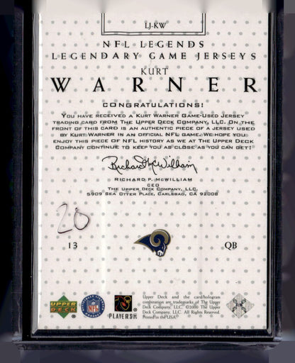 2000 Upper Deck Legends #LJ-KW Kurt Warner Legendary Game Jerseys