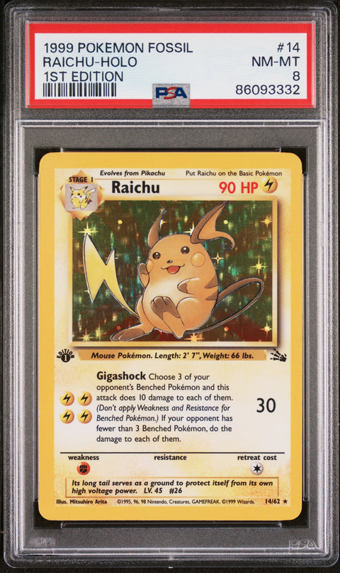 1999 Pokemon Fossil Raichu-Holo #14 PSA 8