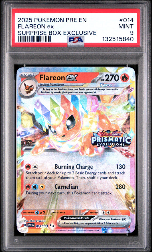 2025 Pokemon Pre En-Prismatic Evolutions #014 Flareon Ex Surprise Box Exclusive PSA 9