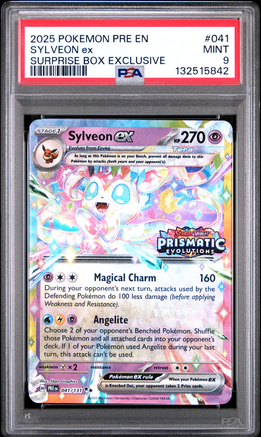 2025 Pokemon Pre En-Prismatic Evolutions #041 Sylveon Ex Surprise Box Exclusive PSA 9