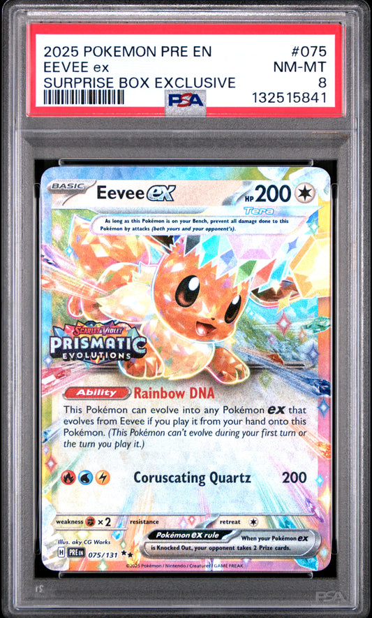 2025 Pokemon Pre En-Prismatic Evolutions #075 Eevee Ex Surprise Box Exclusive PSA 8