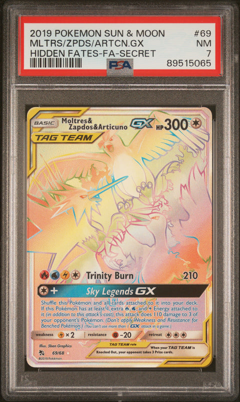 2019 Pokemon Sun & Moon Hidden Fates #69 Mltrs/Zpds/Artcn.Gx Hidden Fates-Fa-Secret PSA 7