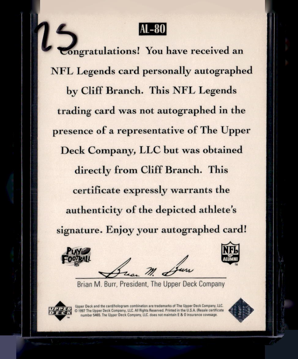 1997 Upper Deck Legends #AL-80 Cliff Branch Autographs