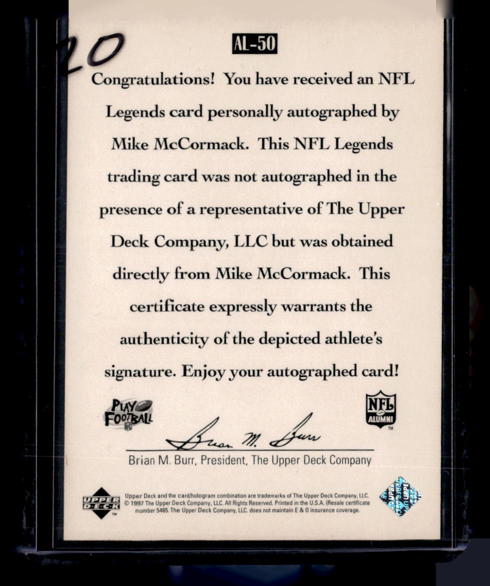 1997 Upper Deck Legends #AL-50 Mike McCormack Autographs