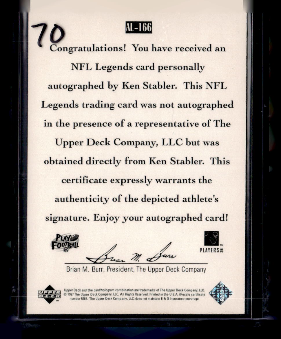 1997 Upper Deck Legends #AL-166 Ken Stabler Autographs