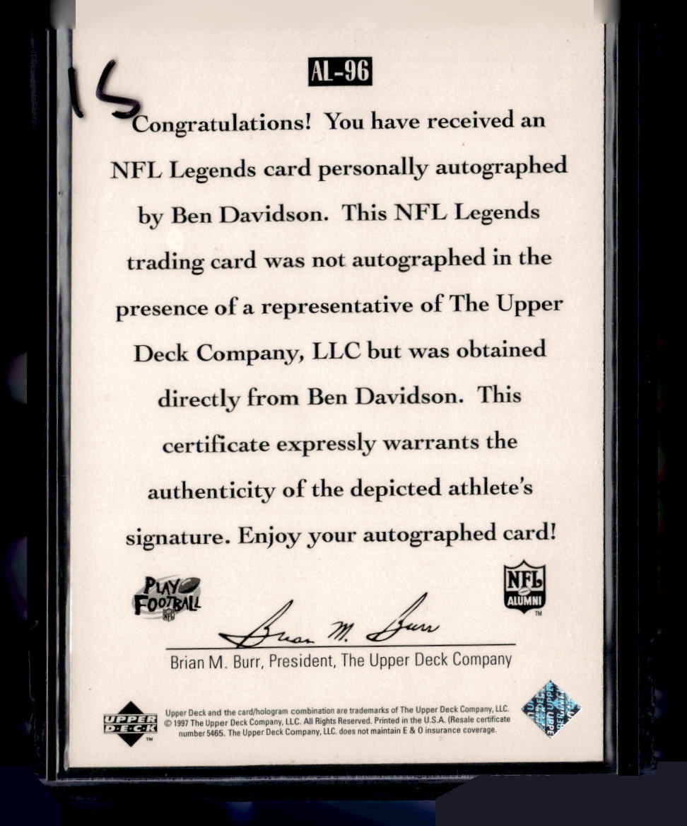1997 Upper Deck Legends #AL-96 Ben Davidson Autographs