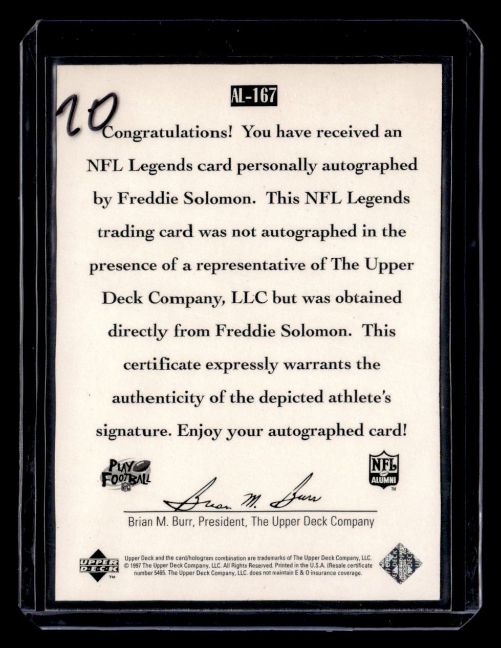 1997 Upper Deck Legends #AL-167 Freddie Solomon Autographs